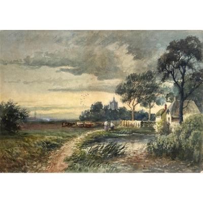 Cox David (1783-1859) "animated Landscape" Watercolor, Signed