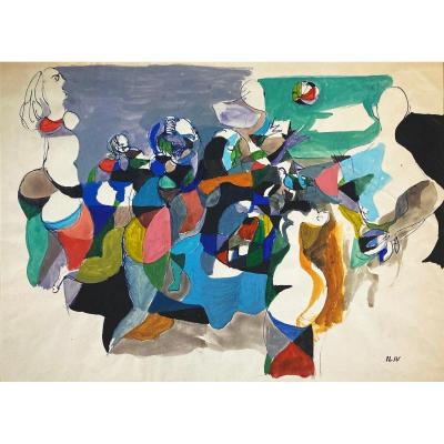 Iliu Joseph (1914-1999) "composition With Characters" Drawing/ink And Gouache,signed With Stamp