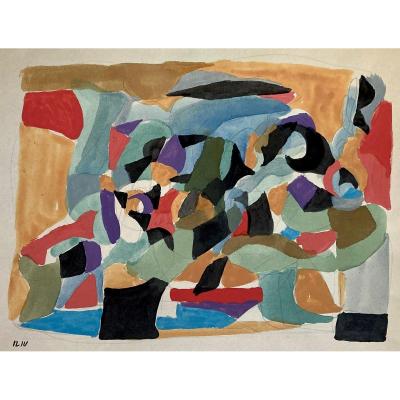 Iliu Joseph (1914-1999) "abstract Composition No3" Drawing/gouache, Signed With Stamp Signature