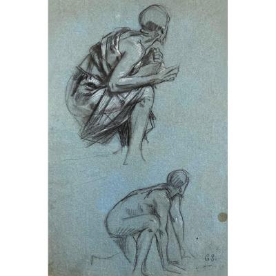 Surand Gustave (1860-1937) "kneeling Man" Drawing/black Pencil, White Chalk, Signed/monogram