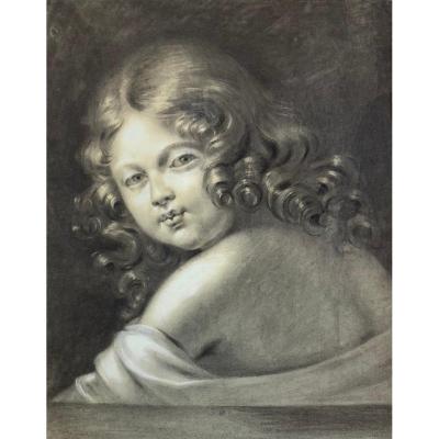 19th French School "child's Portrait" Drawing In Black Pencil And Heightened With White