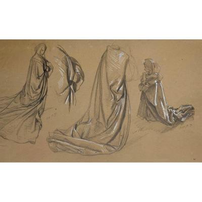 Zier François Edouard (1856-1924) "drapery Study" Drawing/black Pencil, White Gouache, Signed