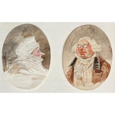 Isabey Jean-baptiste (1767-1855) Attr.to "caricatures:portraits Man & Woman" Drawing/watercolor
