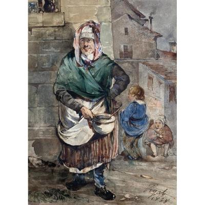 Pigal Jean Edmé (1798-1872) "street Scene" Watercolor, Signed And Dated
