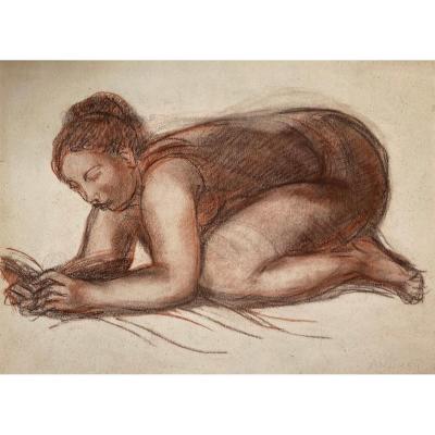 AndrÉÏ René (1906-1987) "kneeling Woman" Drawing/brown Pencil And Red Pencil, Signed