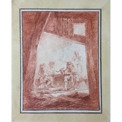 Pernet Alexandre (born In 1763) "interior Of A Tavern" Drawing/red Chalk, Old Mounting, Signed