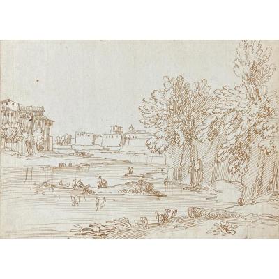 Busiri Giovanni Battista (1698-1757)"landscape Animated/the River"drawing/pen,stamp Sacchetti