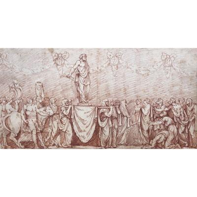 18th French School "jupiter Carried In Triumph" Drawing In Red Chalk