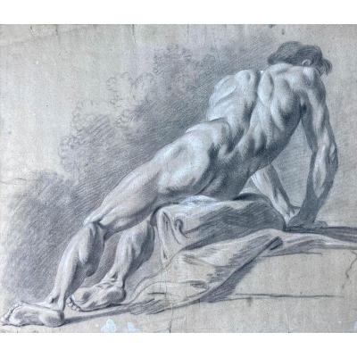 French School 18th Century "man Academy" Drawing / Black Chalk And White Chalk