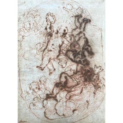 Passeri Giuseppe (1654-1714) "cherubs" Drawing / Red Pencil, Pen, Brown Wash, Signed
