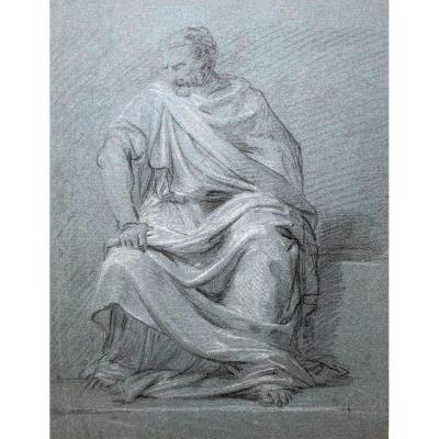 Taillasson Jean-joseph (1745-1809) Attr à, "seated Draped Man" Drawing/black Chalk, White Chalk