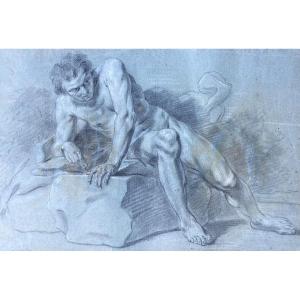 French School 18th Century "man Academy" Drawing/black Chalk And White Chalk