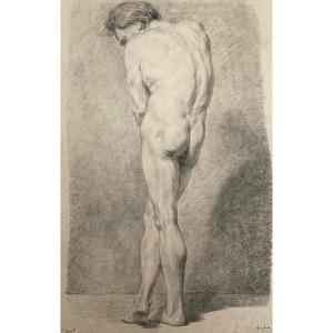 Houdon Jean-antoine (1741-1828) "academy Of Man Recto/verso" Drawing In Black Chalk, Annotated