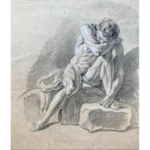 French School 18th Century "academy Of Man" Drawing/black Chalk And White Chalk