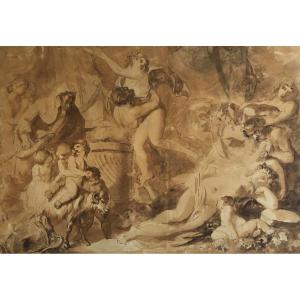 Caresme Jacques Philippe (1734-1796) "mythological Subject" Drawing With Pen And Brown Wash