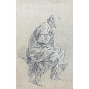 French School 18th Century "academy Man Seated, Hands Joined" Drawing/black Chalk, White Chalk