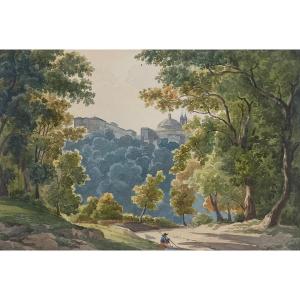 French School Circa 1820 "view Of Ariccia, Rome" Watercolor