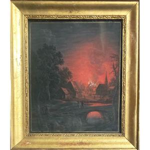 Dietzsch Johann Christoph (1710-1769) "a Fire" Gouache On Vellum, Gilt Wood Frame 19th