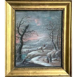 Dietzsch Johann Christoph (1710-1769) "snowy Landscape" Gouache/vellum,19th Century Frame
