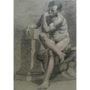 Petit De Villeneuve Claude (1760-1824)attr. To "academy Of Man"drawing/black Chalk, White Chalk