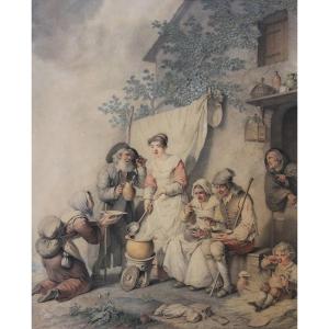 Wille Pierre Alexandre (1748-1821) "the Peasants" Drawing In Black Chalk And Watercolor