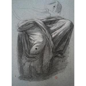 Benouville François Léon (1821-1859) "study Of Drapery" Drawing In Black Pencil, Signed With The Stamp