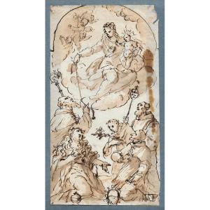 Italian School Circa 1700 "virgin Mary And Child With Saints" Drawing/pen, Brown Wash