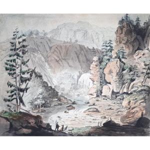 Zingg Adrian (1734-1816) "animated Landscape With Waterfall" Drawing/ink And Watercolour, Signed And Annotated