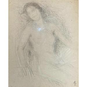 Laurent Ernest (1859-1929) "seated Nude Woman" Drawing/black Pencil And White Chalk, Monogram