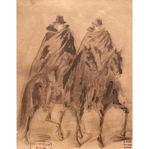 Guys Constantin (1802-1892) "horsemen" Drawing/pen And Brown Wash, Provenance,stamp,frame 19th