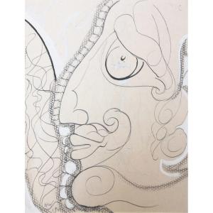 Waroquier Henry De (1881-1970) "head" Drawing In Pen And White Gouache, Signed And Dated