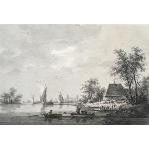 Wicart Nicolas (1748-1815), Dutch School "landscape At The River" Drawing In Gray Wash, Signed