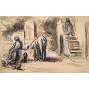 Luce Maximilien (1858-1941) "court Of A Farm" Drawing, Black Pencil And White Gouache, Signed