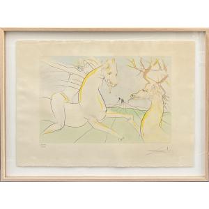 Salvador Dali - The Horse Wanting To Take Revenge On The Stag - Drypoint, Stencil - 1974