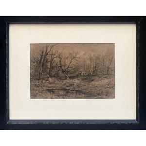 émile Noirot - Landscape - Charcoal On Bistre Paper