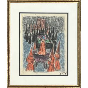 Jean Couty - Procession Of The Sanch In Perpignan - Pastel On Paper