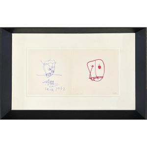 Antonio Saura - Face - Ballpoint Pen Drawing And Silkscreen Print - 1973