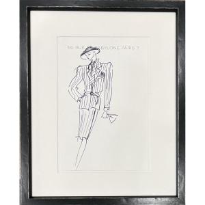 Yves Saint Laurent - Drawing Of A Skirt Suit - Felt-tip Pen On Letterhead, Rue Babylone