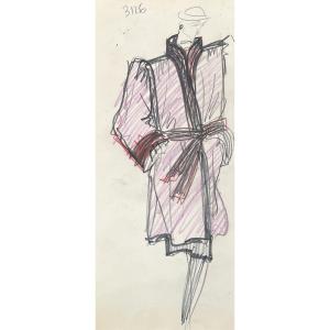 Yves Saint Laurent - Sketch Of A Coat - Lead Pencil & Colored Pencils - 1990