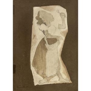 Léon Zack - Female Figure - Watercolor Wash And Graphite