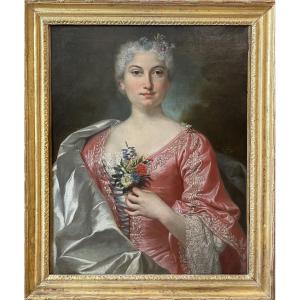 Louis Tocqué (1696-1772)- Attributed- Portrait Of A Lady With A Bouquet Of Carnations