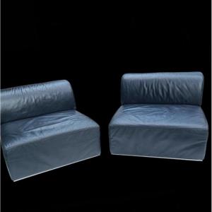 Pair Of Imposing Black Silky Leather Fireside Chairs