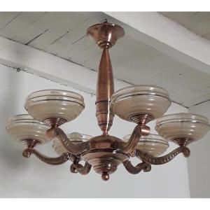 Art Deco Bronze Chandelier With Copper Patina