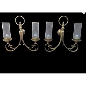 Pair Of Monumental Art Deco Wall Lights In Solid Bronze