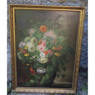 Large Table 19th Vase Of Pink Flowers Capucines Signed A Lion