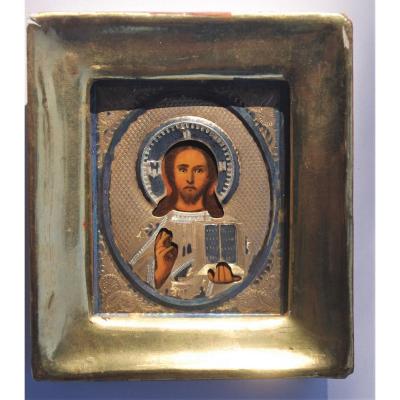 Small Russian Icon Old 19th Rizza Silver Christ Pantocrator