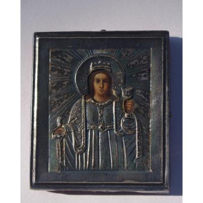 Small Russian Icon Rizza Silver, Holy Beard Or Barbara