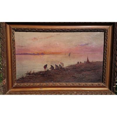 Nicola Forcella (1868-?) Washerwomen On The Banks Of The Nile In The Evening, Late 19th Italian