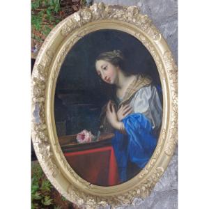 Italian School XVIIth Century, Sainte à La Rose, In A Louis XIV Carved Wood Frame