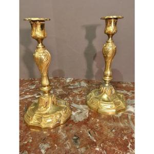 Pair Of Regency Candlesticks In Gilt Bronze Period Late 18th Century